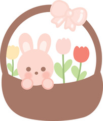 Cute cartoon pink rabbit in basket and tulips on transparent background