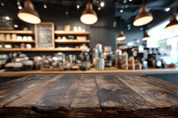 Wooden table top in a cafe. Blurry background of a coffee shop interior