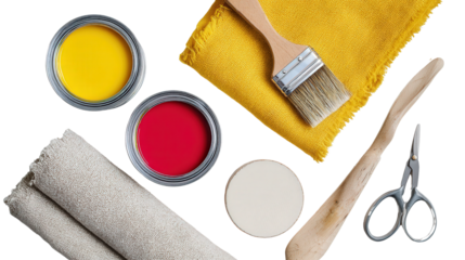 Creative DIY Projects: A flat lay of creative DIY project materials like paint, fabric, and scissors, isolated on a Transparent background, PNG file.