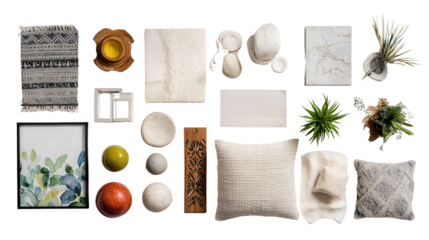 Creative Home Decor Items: A flat lay of creative home decor items like wall art, cushions, and decor pieces, isolated on a Transparent background, PNG file.