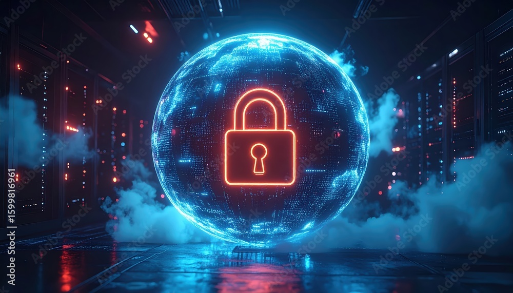 Poster futuristic digital security concept with glowing padlock inside a transparent glowing sphere surroun