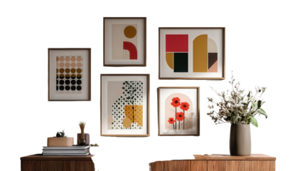 Creative Wall Art Prints: A flat lay of creative wall art prints in frames, isolated on a Transparent background, PNG file.