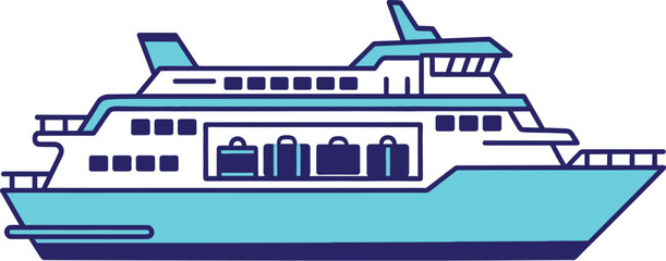 Obraz premium A charming ferry boat illustration showcases a vessel carrying luggage, rendered in a delightful cartoon style with vibrant blue hues, perfect for travel and transportation themes.