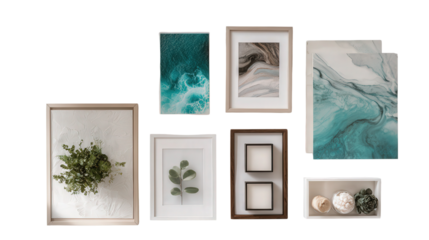 Creative Wall Art Prints: A flat lay of creative wall art prints in frames, isolated on a Transparent background, PNG file.