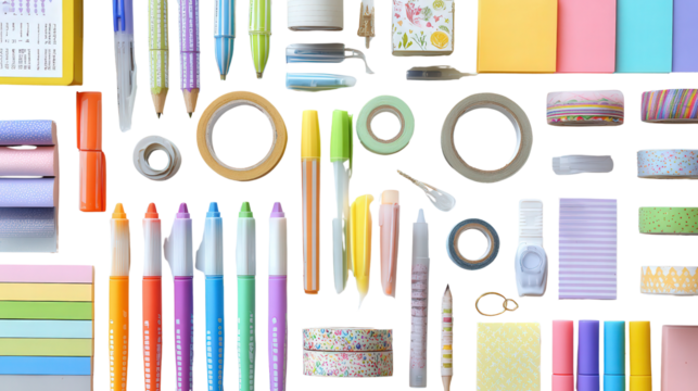 Creative Stationery Supplies: A flat lay of creative stationery supplies like markers, washi tape, and sticky notes, isolated on a Transparent background, PNG file.