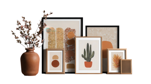Creative Wall Art Prints: A flat lay of creative wall art prints in frames, isolated on a Transparent background, PNG file. - Powered by Adobe