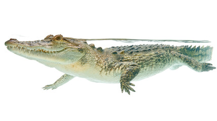 Naklejka premium Crocodile in the Water: A flat lay of a crocodile swimming in the water, isolated on a Transparent background, PNG file.