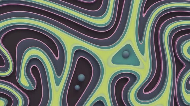 Spheres rise and fall in swirling layered landscape