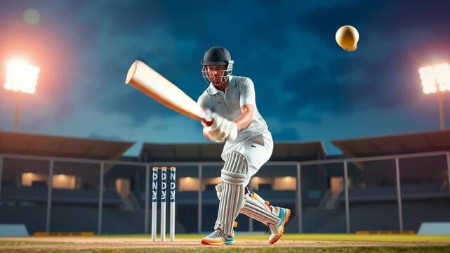 A cricket player swings the bat with power in a stadium during a competitive match