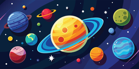 Illustration of the solar system showing all eight planets in their orbits around the sun..eps