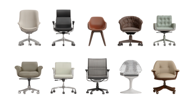 Designer Chairs for Home Office: A flat lay of designer chairs for a home office with ergonomic designs, isolated on a Transparent background, PNG file.