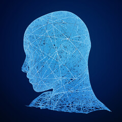 Futuristic digital wireframe head against a deep blue background.