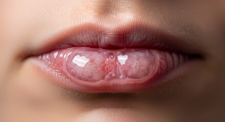 Obraz premium A macro photograph showing severe swelling and large, clear blisters on a person's lower lip, possibly from an allergic reaction or angioedema.