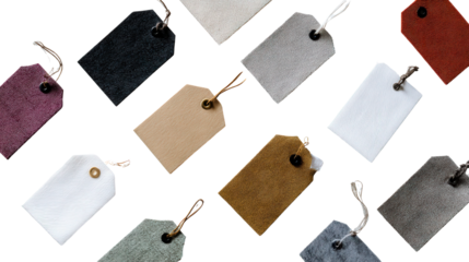 Designer Clothing Tags: A flat lay of designer clothing tags, isolated on a Transparent background, PNG file.