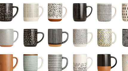 Designer Coffee Mugs: A flat lay of designer coffee mugs in unique styles, isolated on a Transparent background, PNG file.