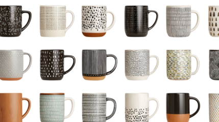 Designer Coffee Mugs: A flat lay of designer coffee mugs in unique styles, isolated on a Transparent background, PNG file.