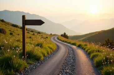 Country road leading to mountains with lush greenery, wooden signpost with arrow for text. Perfect for travel blogs, adventure branding, and inspirational quotes