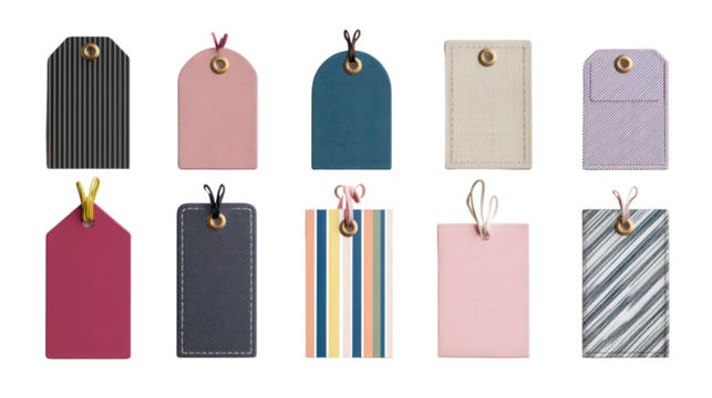 Designer Clothing Tags: A flat lay of designer clothing tags, isolated on a Transparent background, PNG file.