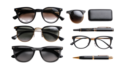 Designer Eyewear: A flat lay of designer eyewear like sunglasses and prescription glasses, isolated on a Transparent background, PNG file.