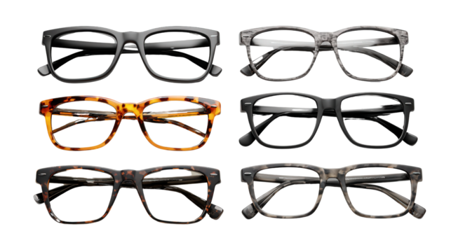 Designer Eyewear: A flat lay of designer eyewear like sunglasses and prescription glasses, isolated on a Transparent background, PNG file.