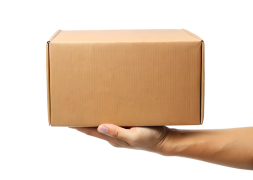 A persons hand is holding a closed brown cardboard box isolated against a plain transparent background for shipping or delivery