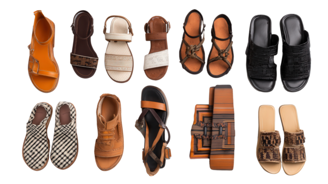 Designer Footwear : A flat lay of designer footwear like shoes and sandals, isolated on a Transparent background, PNG file.