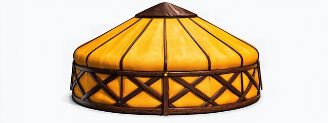 3D Render of a Golden Yellow Felt Yurt with Brown Wooden Frame on White Background