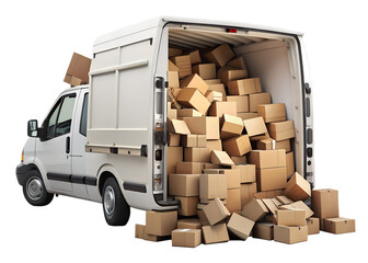 A white delivery van is overflowing with cardboard boxes spilling out of its open back door onto the ground isolated on transparent background