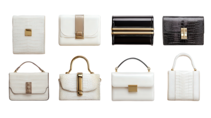 Designer Handbags on White: A flat lay of designer handbags with sleek designs and elegant finishes, isolated on a Transparent background, PNG file.
