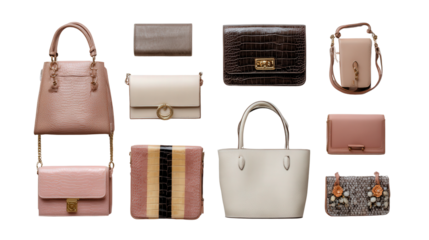 Designer Handbags on White: A flat lay of designer handbags with sleek designs and elegant finishes, isolated on a Transparent background, PNG file.
