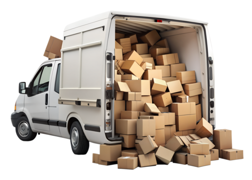 A white delivery van is overflowing with cardboard boxes spilling out of its open back door onto the ground isolated on transparent background