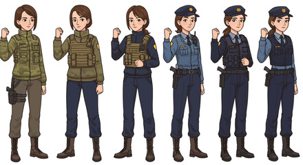 Obraz premium Cartoon illustrations of young women in modern military and police uniforms striking a powerful pose.