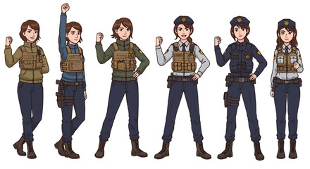 Fototapeta premium Cartoon illustrations of young women in modern military and police uniforms striking a powerful pose.