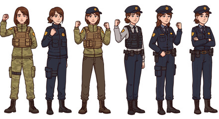 Fototapeta premium Cartoon illustrations of young women in modern military and police uniforms striking a powerful pose.