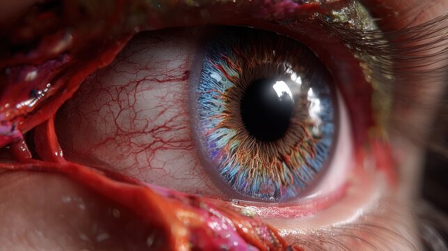 brain clot diagram design. Detailed close-up of a human eye with vivid colors and textures.