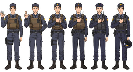 Cartoon illustrations of young men in modern military and police uniforms, each expressing a peaceful