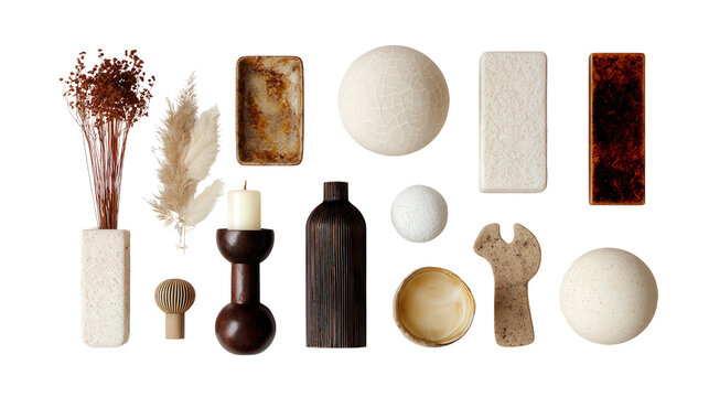 Designer Home Decor Items: A flat lay of designer home decor items like candles, vases, and sculptures, isolated on a Transparent background, PNG file.
