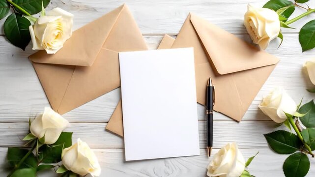 White card, pen, and kraft envelopes are adorned by delicate white roses on a white wood background creating a serene, elegant scene