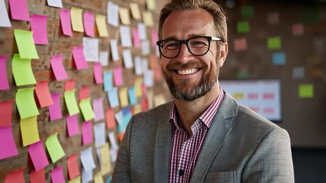 Confident Male Professional Man Smiling with Arms Crossed in Modern Office with Colorful Sticky Notes