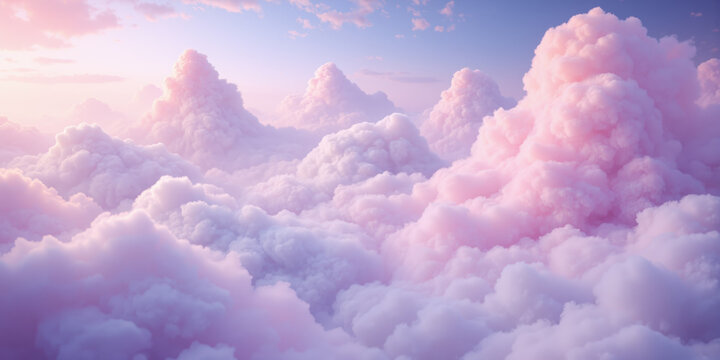 Dreamy Cotton Candy Sky with Soft Pink and Lavender Clouds A surreal and whimsical background featuring fluffy pastel-colored clouds in