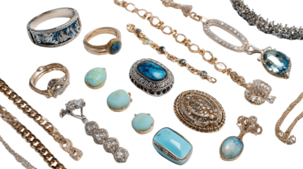 Designer Jewelry : A flat lay of designer jewelry pieces like rings, bracelets, and necklaces, isolated on a Transparent background, PNG file.