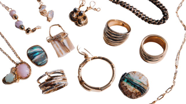 Designer Jewelry : A flat lay of designer jewelry pieces like rings, necklaces, and bracelets, isolated on a Transparent background, PNG file.