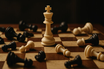 White pawn challenges black pieces on chess board.
