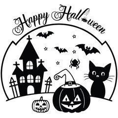 Black cat in witch hat with pumpkins, bats, and haunted house. Spooky Halloween scene with festive 