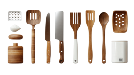 Designer Kitchenware : A flat lay of designer kitchenware like spatulas, knives, and mixing bowls, isolated on a Transparent background, PNG file.