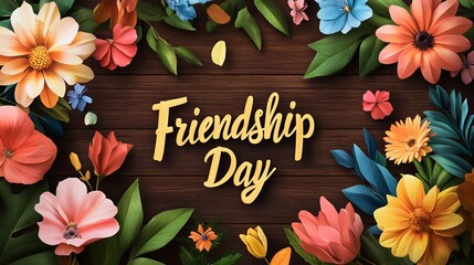 Greeting card design with  Friendship Day in elegant script surrounded by realistic flowers and leaves on wooden background.