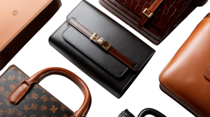 Designer Leather Bags: A flat lay of designer leather bags with sleek designs and premium finishes, isolated on a Transparent background, PNG file.