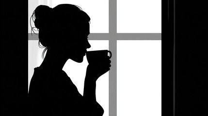 Silhouette of woman with hair up drinks coffee next to a window