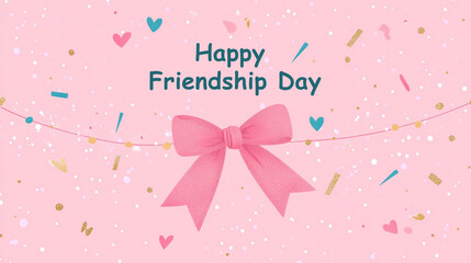 Minimal vector art of a single friendship band tied in a bow, with the words Happy Friendship Day and soft decorative elements like sparkles and confetti.