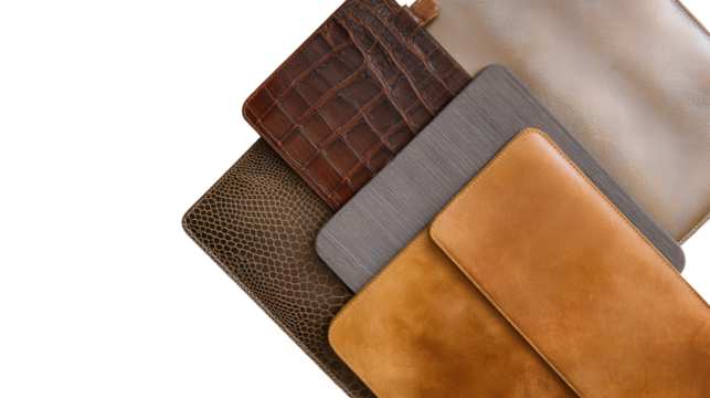 Designer Laptop Sleeves: A flat lay of designer laptop sleeves made from premium materials, isolated on a Transparent background, PNG file.